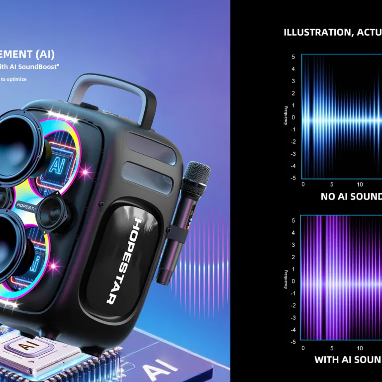 650W اسپیکر بلوتوثی بی‌سیم قابل حمل HOPESTAR PARTYONE CLUB با دو میکروفون دستی و نور RGB