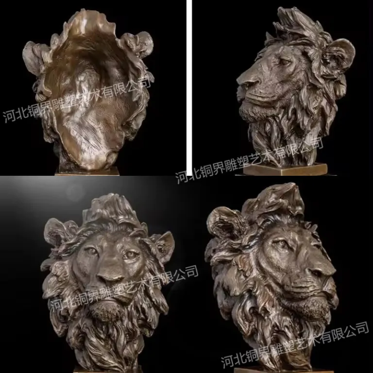 مجسمه برنزی سر شیر حیوانی، نقش‌برجسته دیواری سر حیوان، مجسمه برنزی طلایی رنگ برای دکوراسیون فضای باز