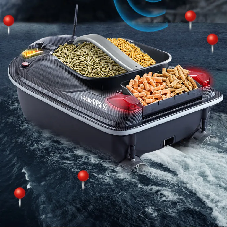 قایق دانه‌پاش جی‌پی‌اس هانگ‌شون‌جی 500 متری با مخزن زیرین، بازگشت خودکار 12v، مناسب طعمه‌ریزی، قلاب‌کشی و تورکشی