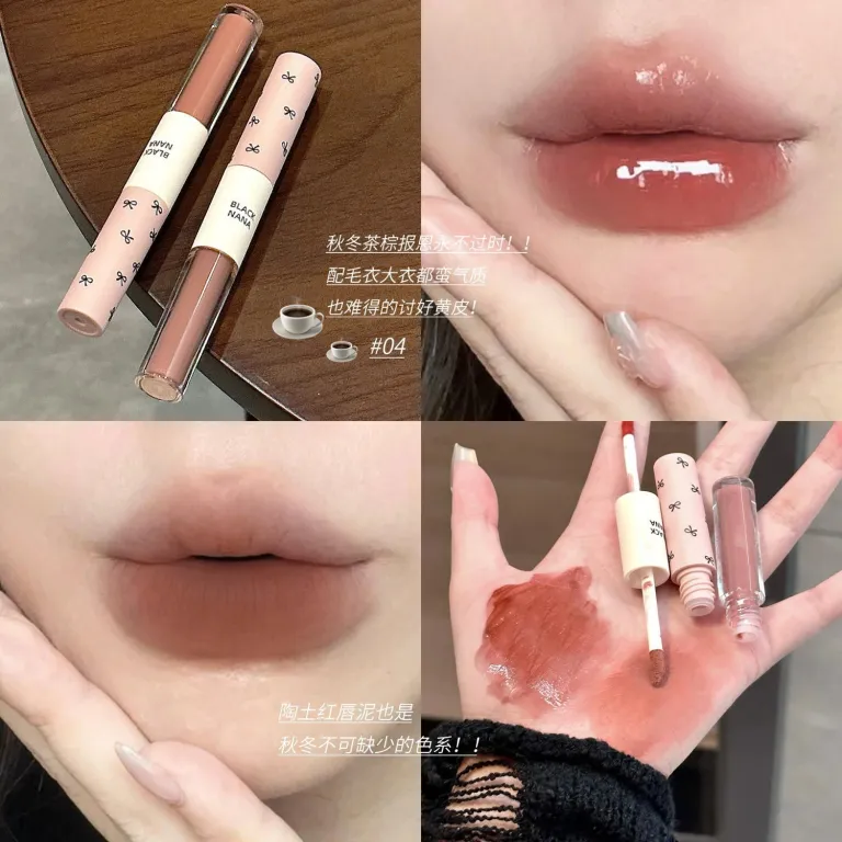 رژ لب دو سر BLACKNANA براق آینه‌ای مناسب استفاده روزانه با رنگ خاکستری-صورتی و بافت گلی و براق، مناسب آرایش ملایم و بدون آرایش
