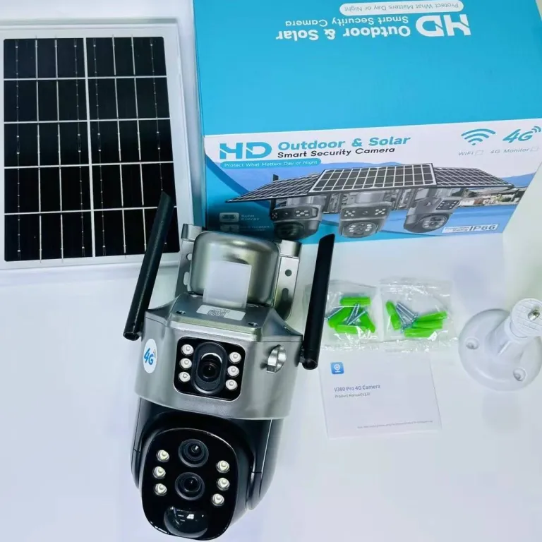 V380دوربین خورشیدی4G سه‌لنزی دو تصویره تفنگی-گوی10 زوم باتری کم‌مصرف مانیتور بی‌سیم