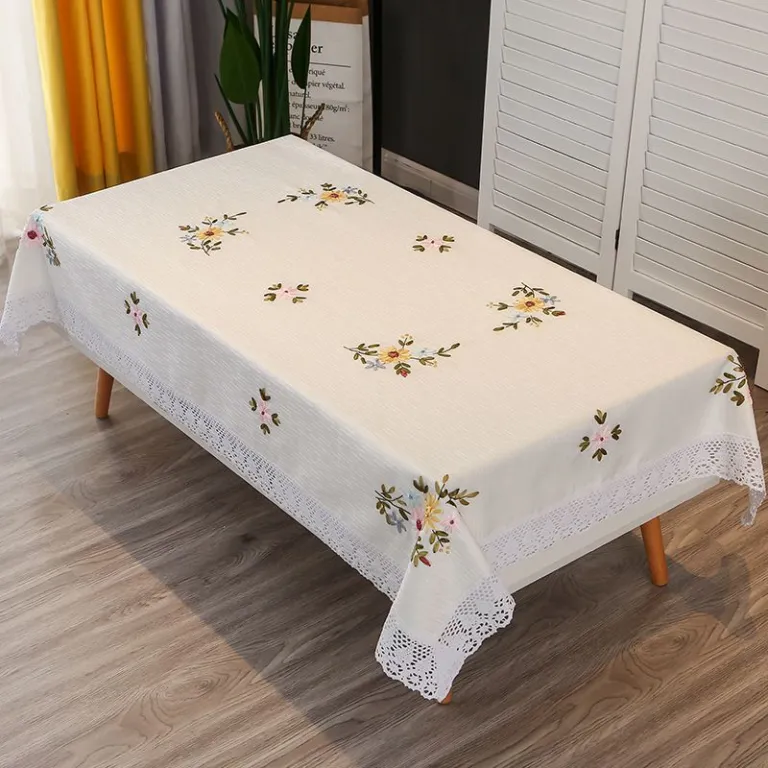 رومیزی مستطیلی گلدوزی‌شده دست‌دوز برای میز جلو مبلی، رومیزی ناهارخوری خانگی، مدرن و ساده، پارچه کتان و پنبه، سفید، طرح مینیمال و تازه