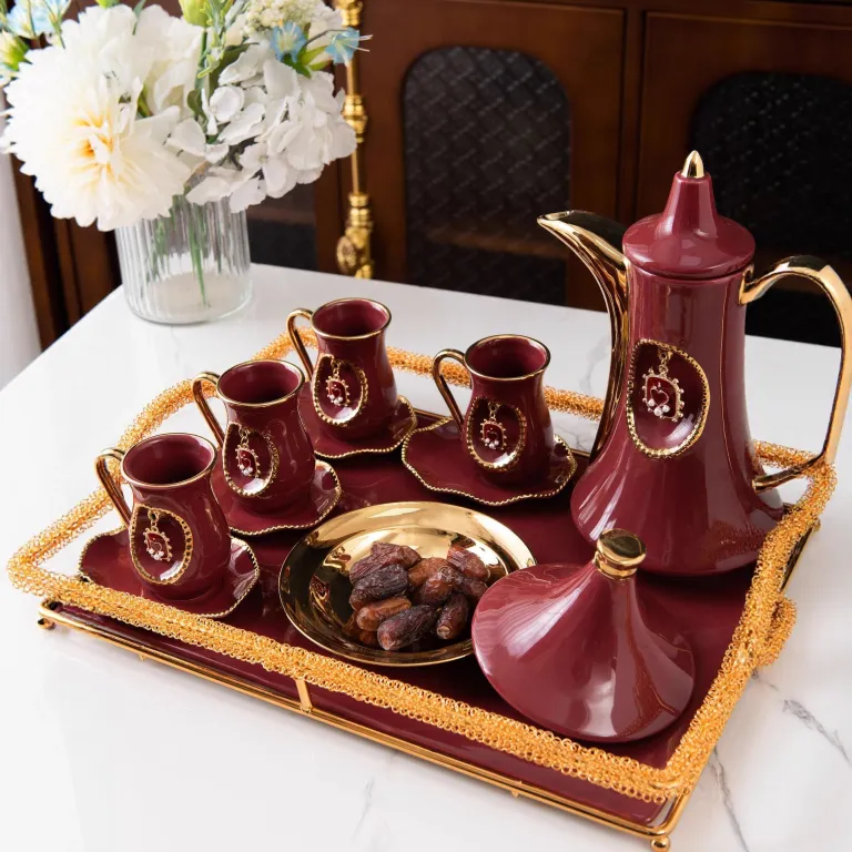ست چای‌خوری عربی دبی خاورمیانه، آویز، فنجان و نعلبکی طلایی، کتری کاخ، ست عصرانه صادراتی