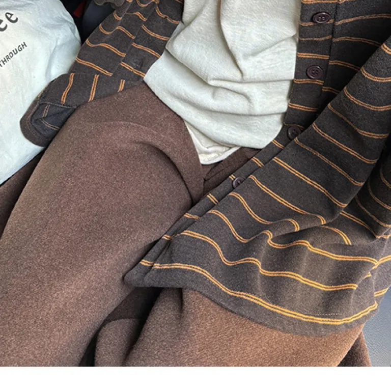 ژاکت کشباف آستین‌بلند راه‌راه سرمه‌ای کره‌ای زنانه، پاییزه و زمستانه، گشاد و راحت