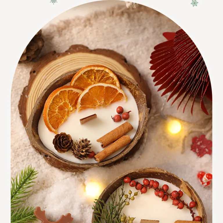 شمع معطر در ظرف نارگیلی با گل خشک، مناسب منزل، ایجاد حس و حال، تزئینی مهمانی