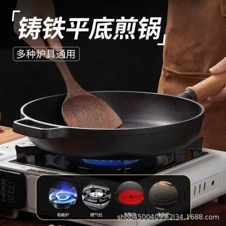 ماهیتابه چدنی بدون روکش نچسب مخصوص استیک و پخت نان، مناسب اجاق گاز، مدل سنتی