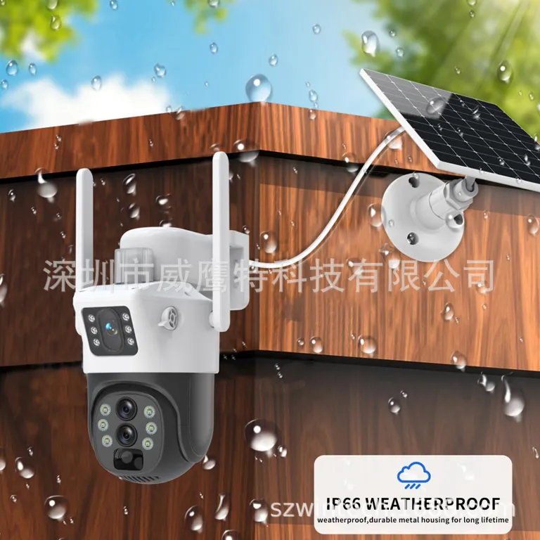 V380 دوربین مداربسته خورشیدی چرخش 360 درجه کنترل از راه دور با موبایل سه لنز برای فضای باز و خانگی زوم 10 برابر 4G