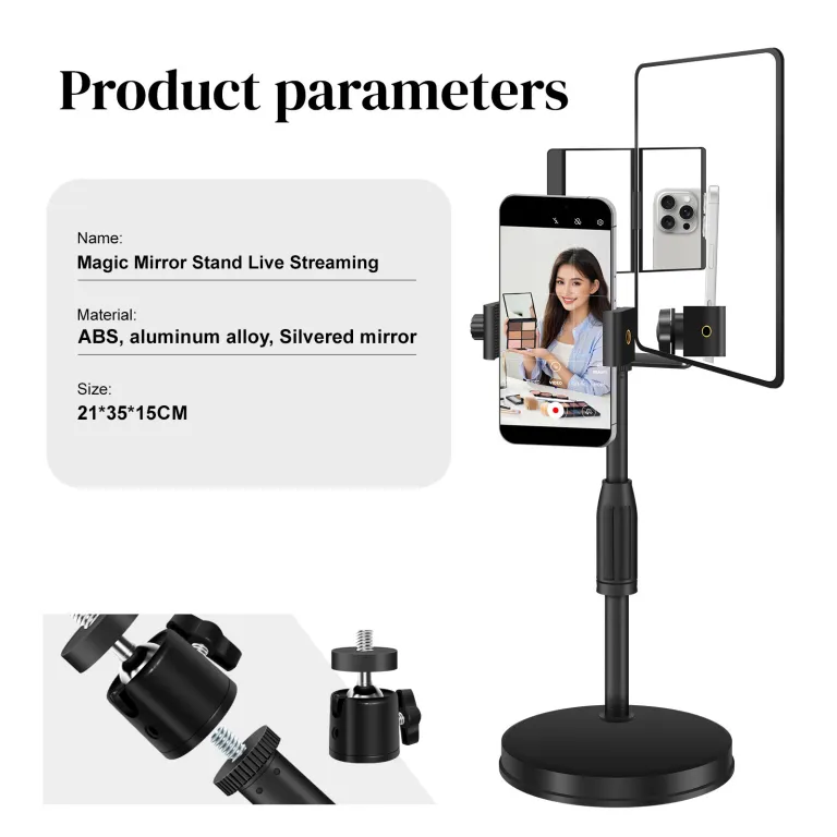 پایه موبایل آینه‌دار رومیزی اینفلوئنسری برای لایو، ابزار فیلمبرداری موبایل، چندکاره و قابل تنظیم ارتفاع