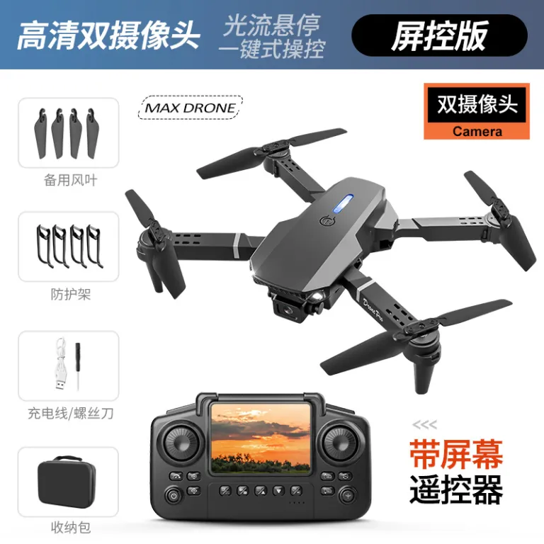 پهپاد چهار ملخه اسباب‌بازی کودکان با صفحه‌نمایش اختصاصی و دوربین هوایی، مدل جدید drone برون‌مرزی e88