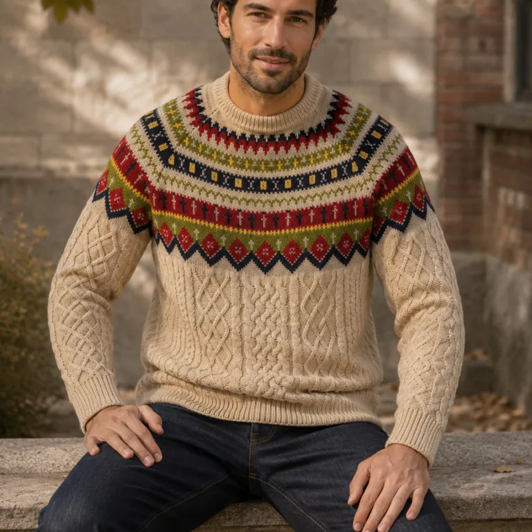 پلیور بافتنی مردانه طرح ژاکارد هندسی یقهگرد بافت پیچ پاییز و زمستان آستینبلند