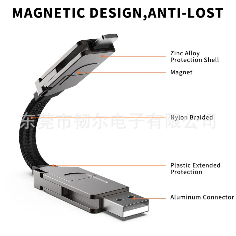 کابل دیتا چهارکاره آلیاژ روی 65W قابل حمل مناسب شارژ سریع آیفون