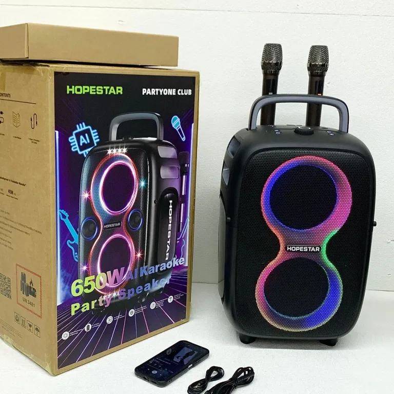 650W اسپیکر بلوتوثی بی‌سیم قابل حمل HOPESTAR PARTYONE CLUB با دو میکروفون دستی و نور RGB