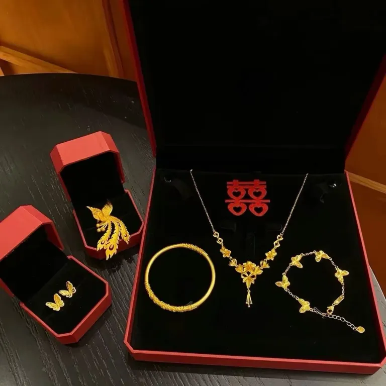 گردنبند آویز گل‌های شکوفا با روکش طلای واقعی 24K، زیورآلات عروسی بدلی، ست طلای عروس، نامزدی
