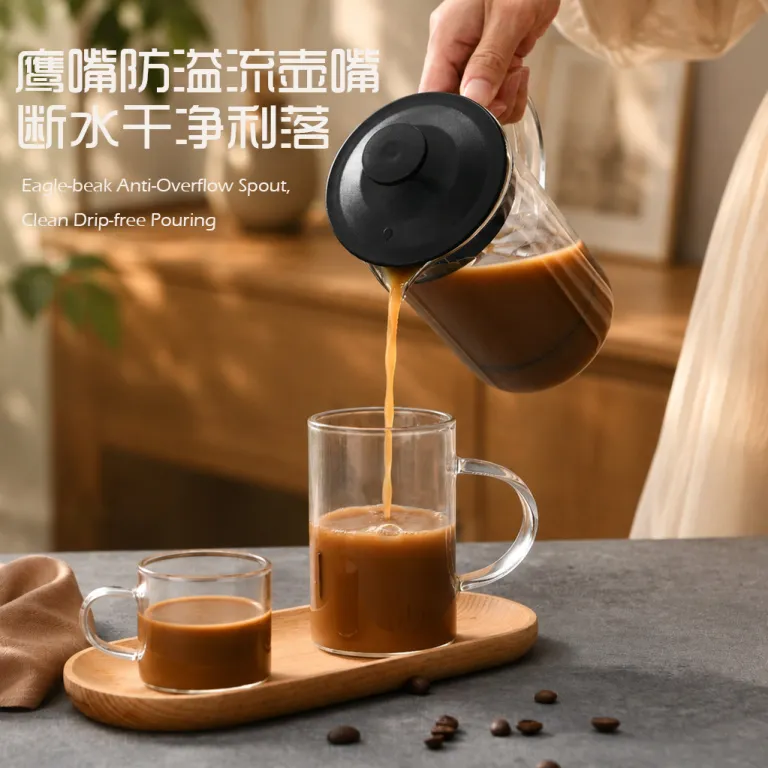 فرنچ پرس شیشه‌ای قهوه‌ساز ضخیم، ابزار دم‌آوری قهوه دستی، کف‌ساز شیر و قوری چای خانگی