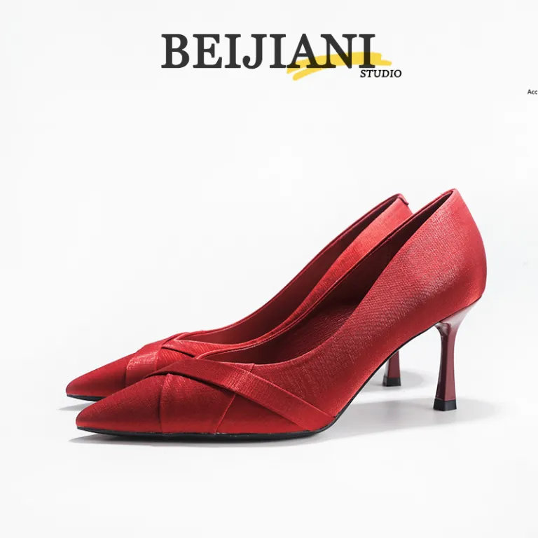 BEIJIANI361-6 کفش پاشنه‌بلند عروس مدل شیوهه با رویه ساتن ضربدری، نوک‌تیز و پاشنه باریک، مناسب ساقدوش، فصل بهار