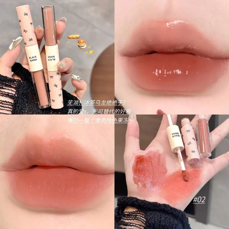 رژ لب دو سر BLACKNANA براق آینه‌ای مناسب استفاده روزانه با رنگ خاکستری-صورتی و بافت گلی و براق، مناسب آرایش ملایم و بدون آرایش