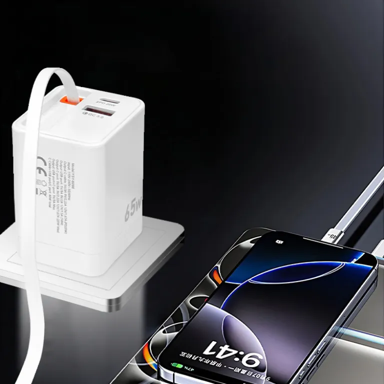 شارژر دیواری باکیفیت 65w دو پورت PD USB C با کابل جمع‌شونده و سر شارژ گالیوم نیترید