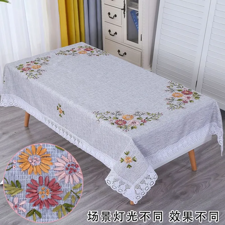 رومیزی مستطیلی گلدوزی‌شده دست‌دوز برای میز جلو مبلی، رومیزی ناهارخوری خانگی، مدرن و ساده، پارچه کتان و پنبه، سفید، طرح مینیمال و تازه