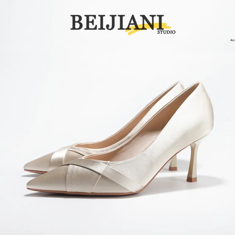 BEIJIANI361-6 کفش پاشنه‌بلند عروس مدل شیوهه با رویه ساتن ضربدری، نوک‌تیز و پاشنه باریک، مناسب ساقدوش، فصل بهار