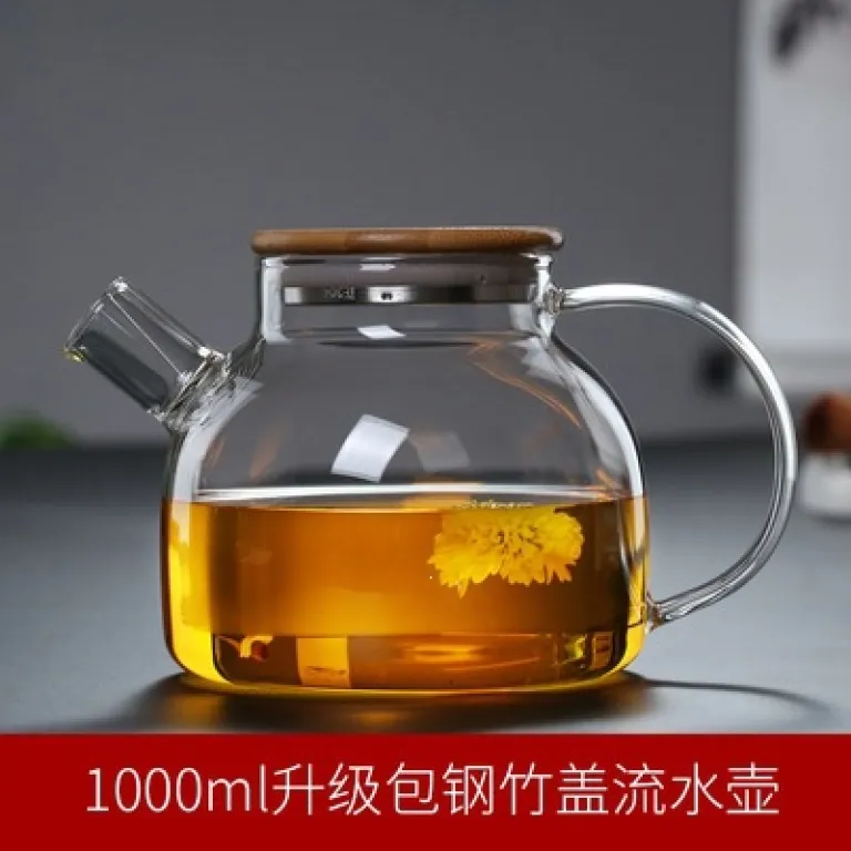 قوری شیشهای خانگی مقاوم به حرارت بالا برای جوشاندن آب، مناسب دم کردن چای با صافی، قوری چای گلدار، قابل استفاده روی شعله مستقیم، از جنس بوروسیلیکات